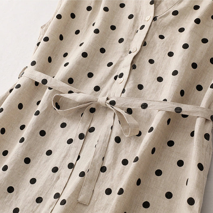 Buddha Stones Summer Polka Dot V-Neck Lace-up Cotton Linen Women's Midi Dress With Pockets - image 11