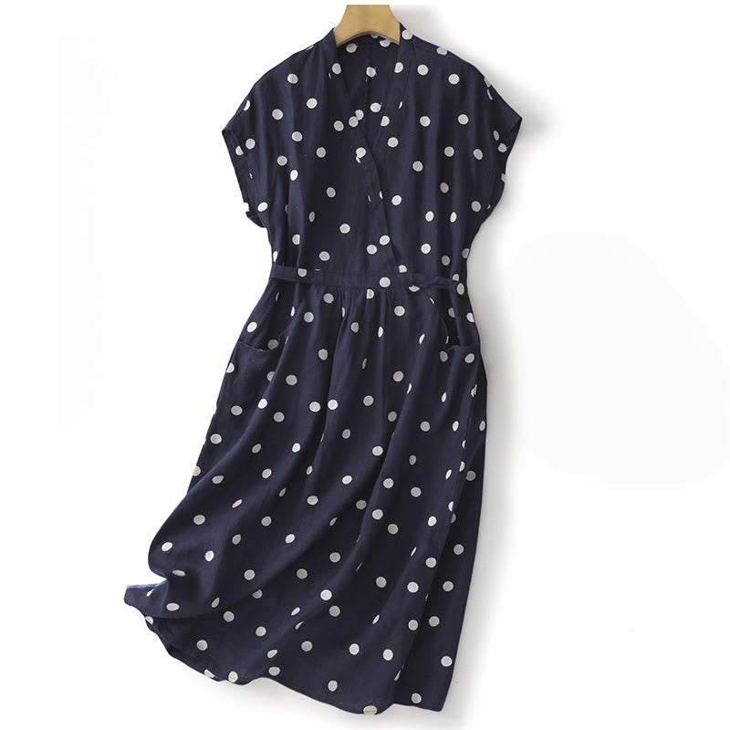 Buddha Stones Polka Dot V-Neck Lace-up Women's Midi Dress With Pockets - Navy - US8-10，UK/AU12-14，EU40-42 (2XL) - image 0