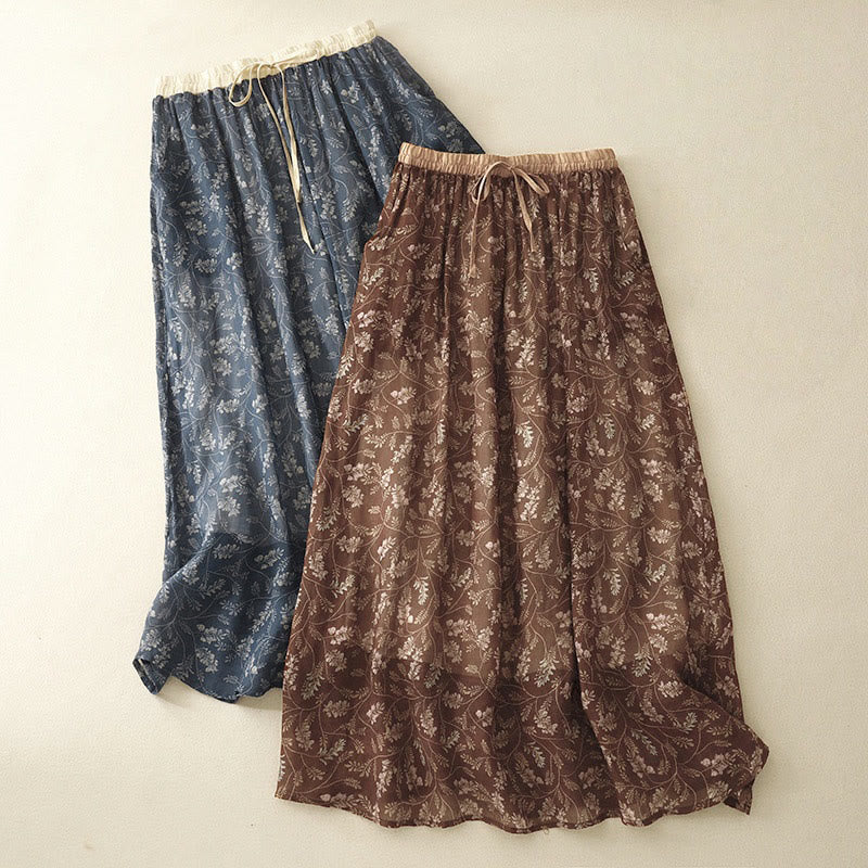 Buddha Stones Floral A-line Elastic Waist Cotton Linen Women's Skirt With Pockets - image 1