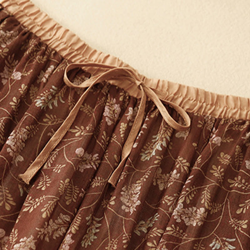 Buddha Stones Floral A-line Elastic Waist Cotton Linen Women's Skirt With Pockets - image 3