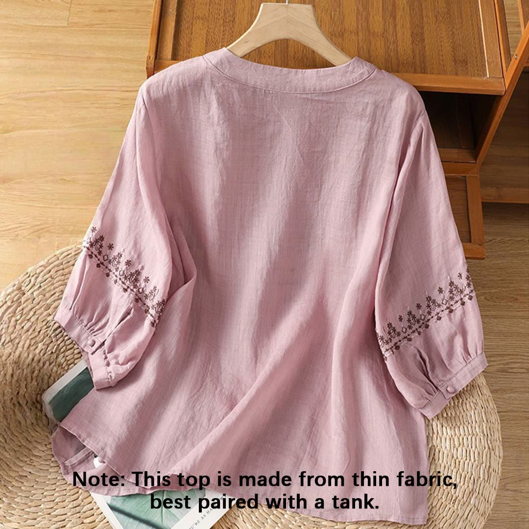 Buddha Stones Symmetrical Embroidery Cotton Women's Crew Neck Shirt - image 7