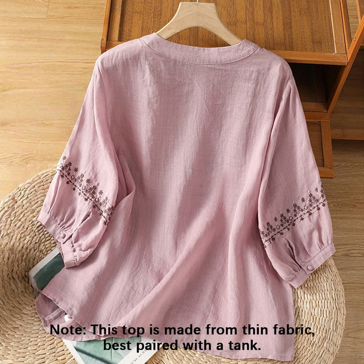 Buddha Stones Symmetrical Embroidery Cotton Women's Crew Neck Shirt - image 7