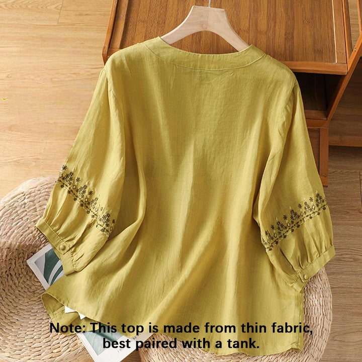 Buddha Stones Symmetrical Embroidery Cotton Women's Crew Neck Shirt - image 16