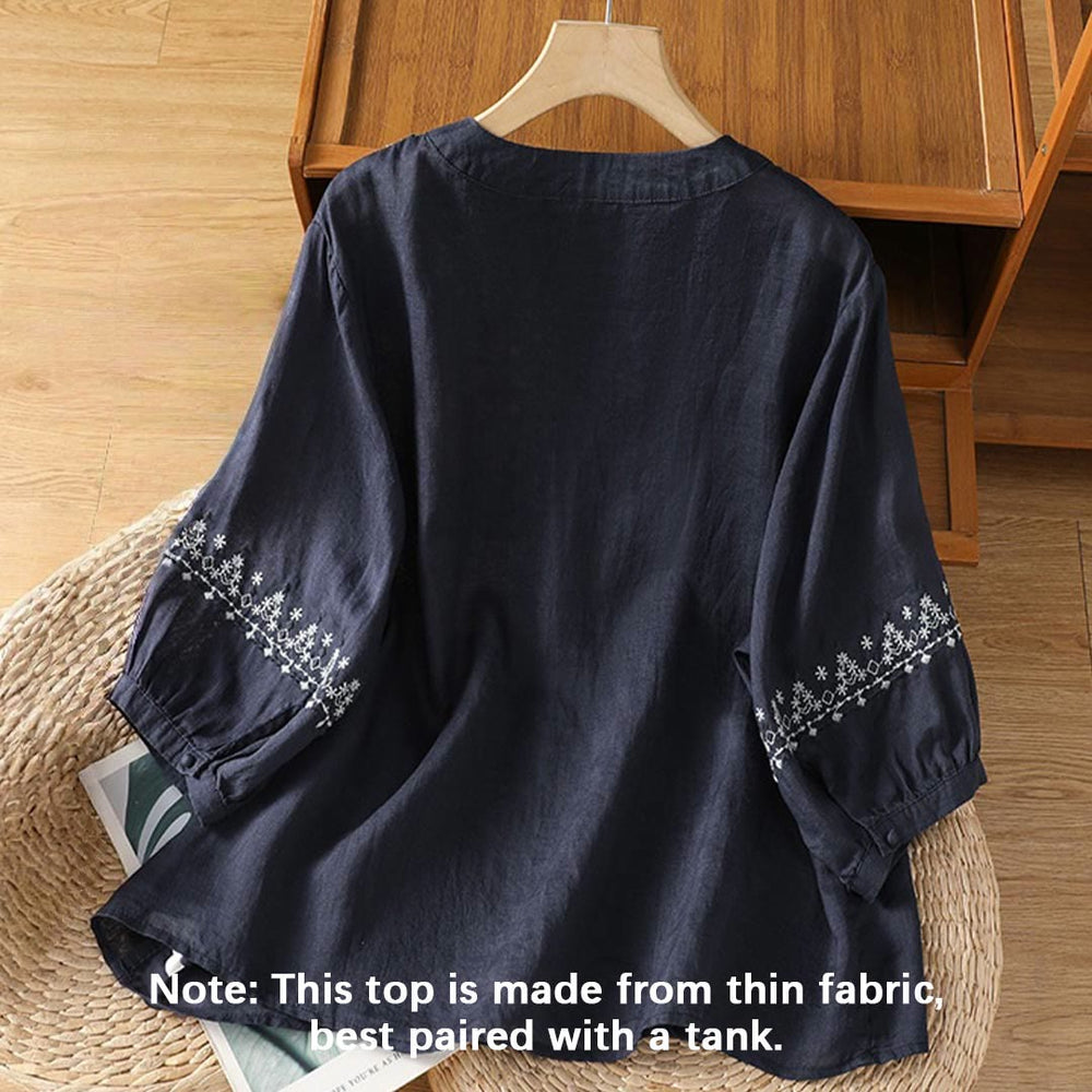Buddha Stones Symmetrical Embroidery Cotton Women's Crew Neck Shirt - image 1
