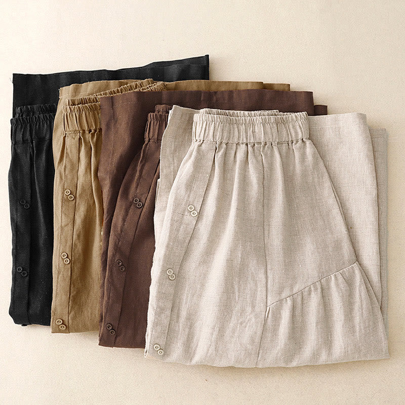 Buddha Stones A-line Buttons Slit Design Elastic Waist Cotton Women's Skirt With Pockets - image 17