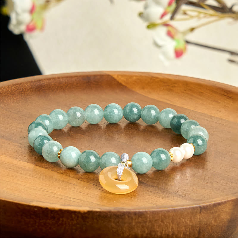 Buddha Stones Blue Jade Peace Buckle Pearl Beads Prosperity Bracelet - image 3