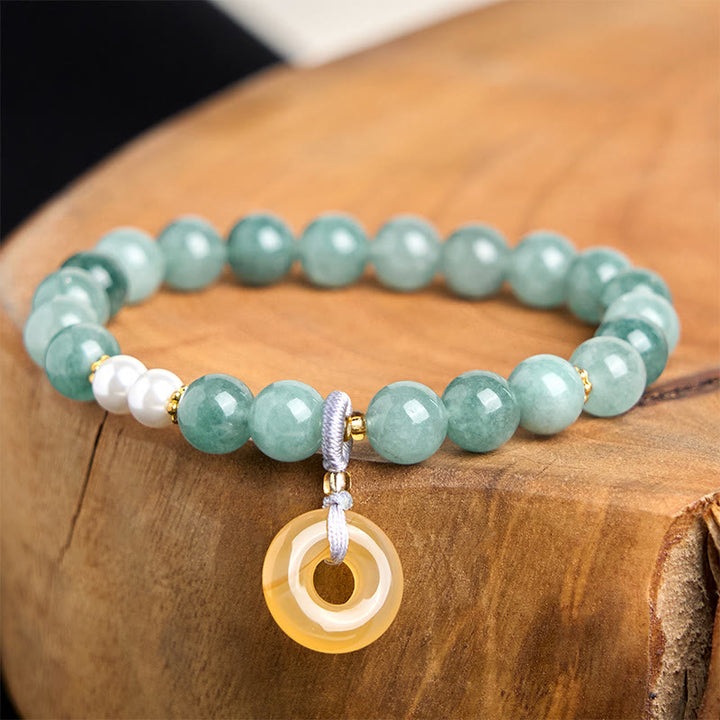 Buddha Stones Blue Jade Peace Buckle Pearl Beads Prosperity Bracelet - image 2