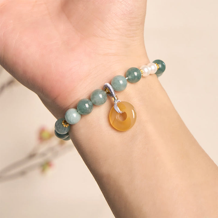 Buddha Stones Blue Jade Peace Buckle Pearl Beads Prosperity Bracelet - image 4