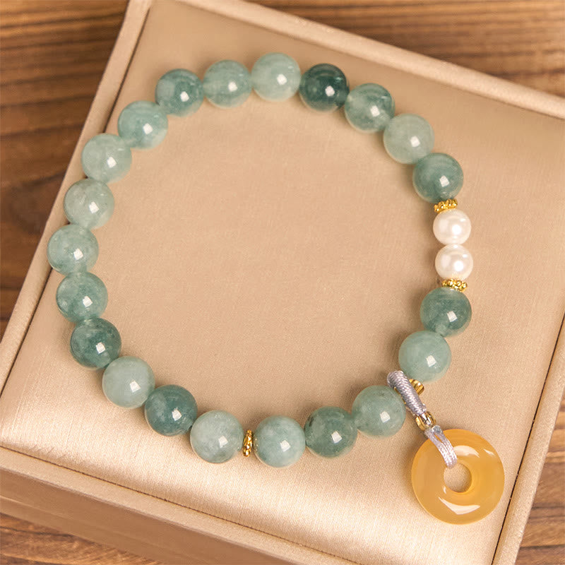 Buddha Stones Blue Jade Peace Buckle Pearl Beads Prosperity Bracelet - image 1