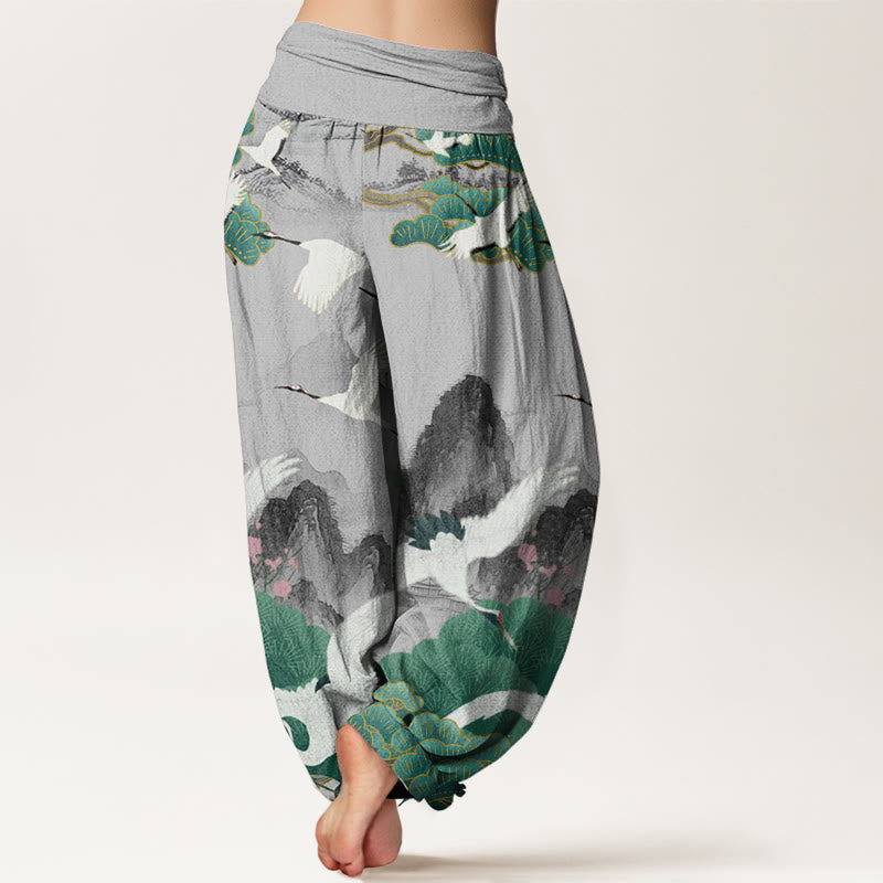 Buddha Stones Casual Cranes Green Pine Trees Landscape Pattern Women's Harem Pants - image 1