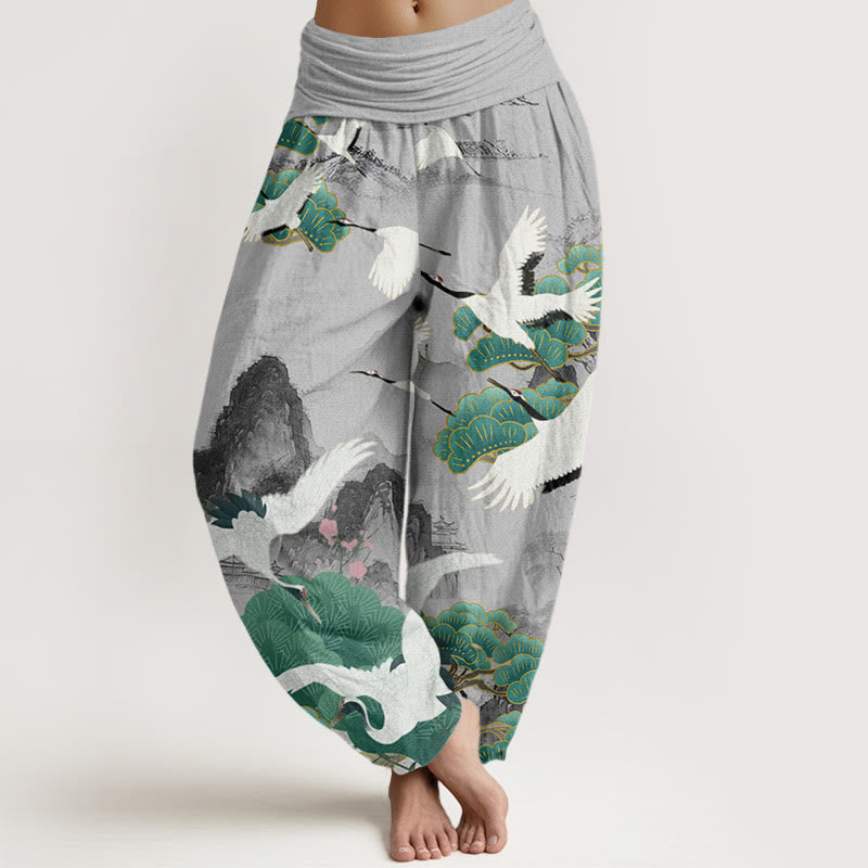 Buddha Stones Cotton Casual Cranes Green Pine Trees Landscape Pattern Women's Harem Pants - LightGrey - US22，UK/AU26，EU54 (6XL) - image 0