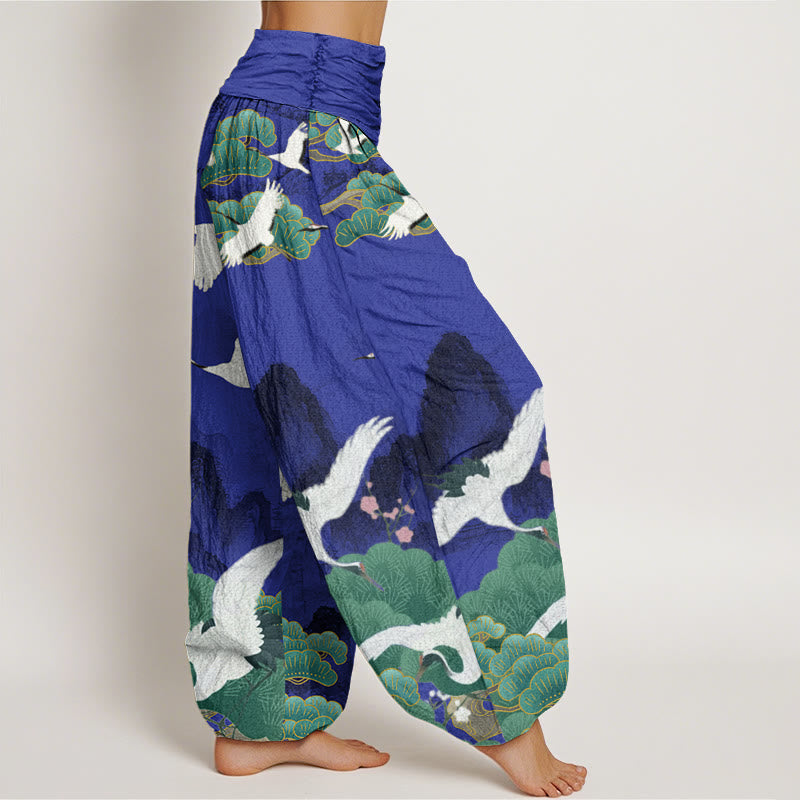 Buddha Stones Casual Cranes Green Pine Trees Landscape Pattern Women's Harem Pants - image 6