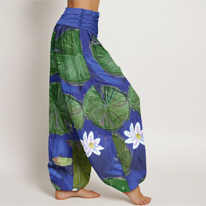 Buddha Stones Cotton Casual Green Lotus Leaves White Flowers Pattern Women's Harem Pants - image 2