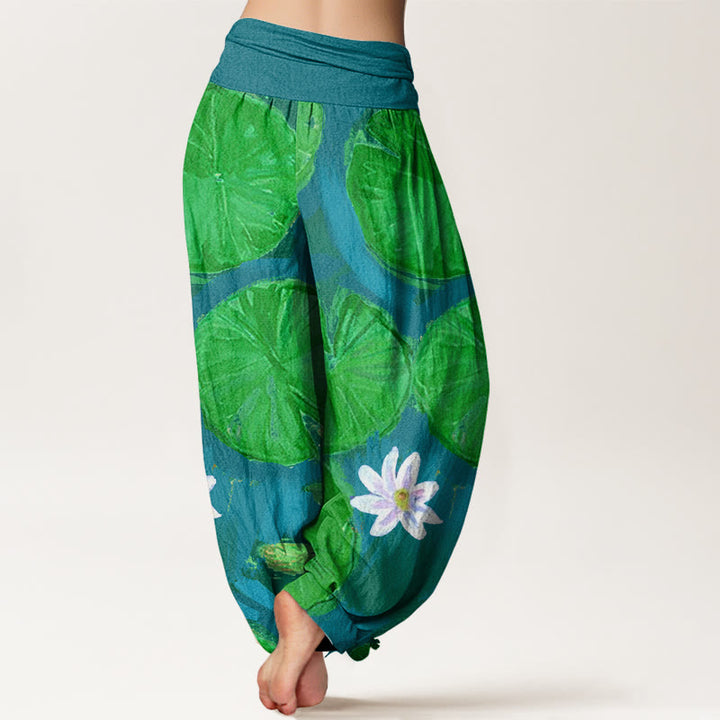 Buddha Stones Casual Green Lotus Leaves White Flowers Pattern Women's Harem Pants - image 5