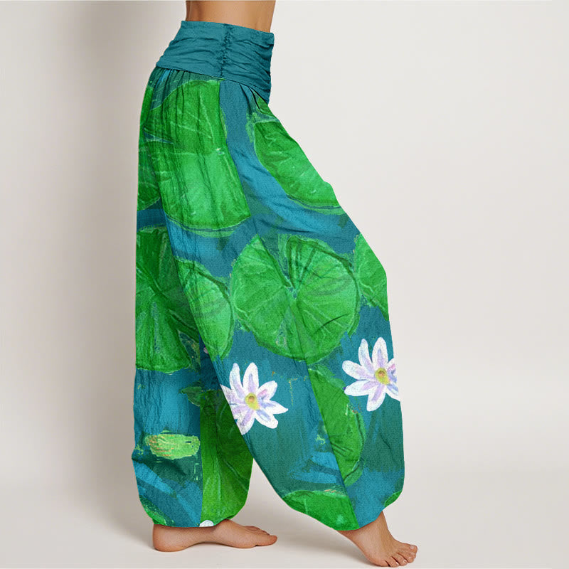 Buddha Stones Cotton Casual Green Lotus Leaves White Flowers Pattern Women's Harem Pants - image 6