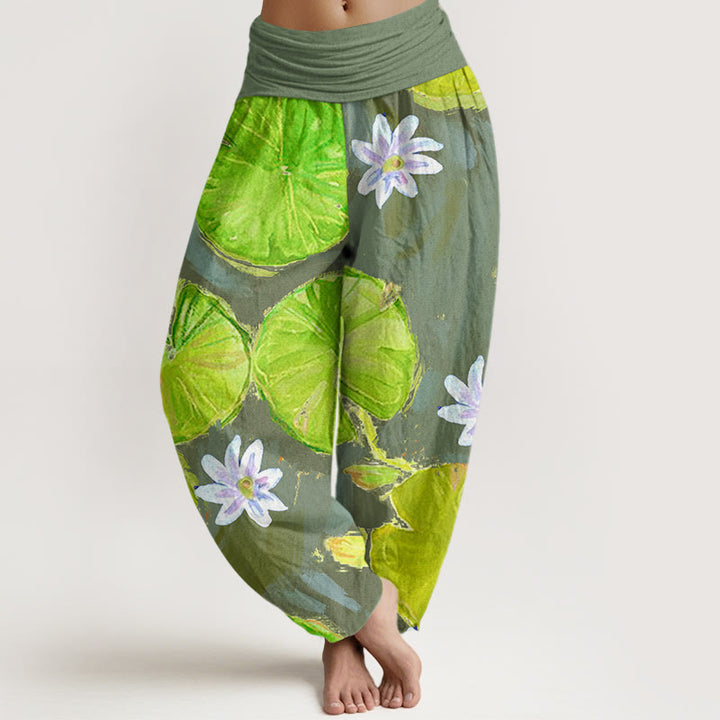 Buddha Stones Casual Green Lotus Leaves White Flowers Pattern Women's Harem Pants - DarkSeaGreen - US22，UK/AU26，EU54 (6XL) - image 7