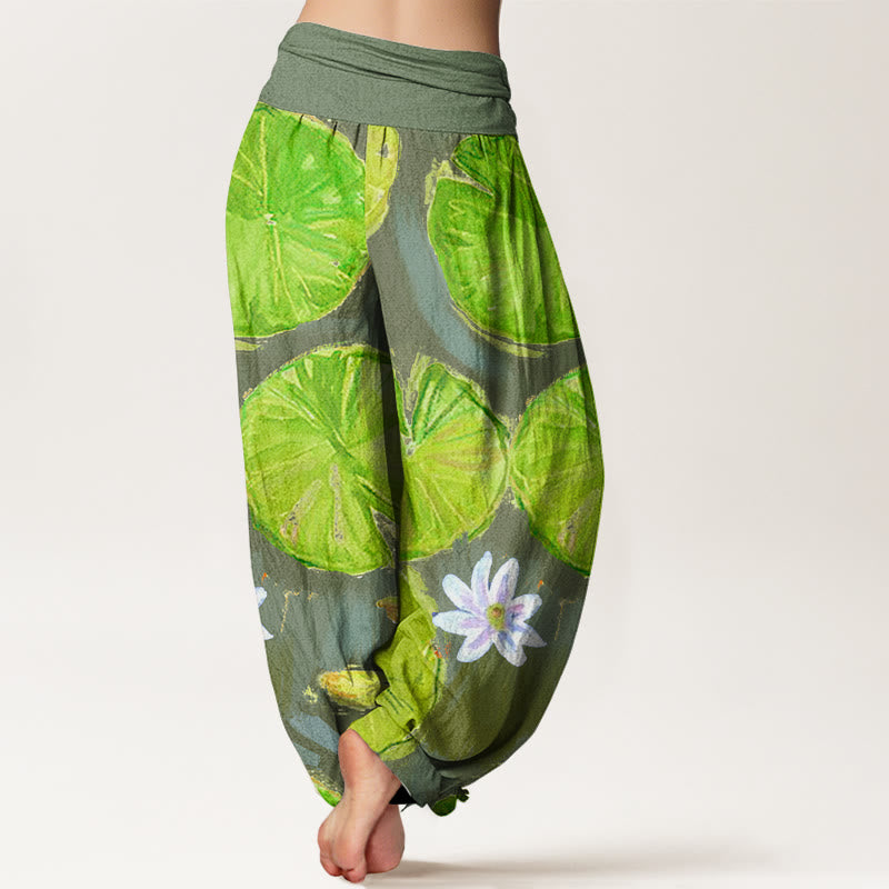 Buddha Stones Cotton Casual Green Lotus Leaves White Flowers Pattern Women's Harem Pants - image 8
