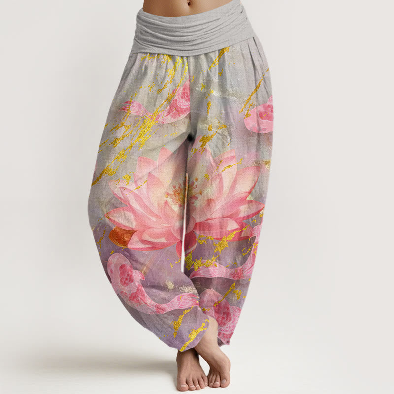 Buddha Stones Cotton Casual Lotus Flower Koi Fish Pattern Women's Harem Pants - DarkGray - US22，UK/AU26，EU54 (6XL) - image 0