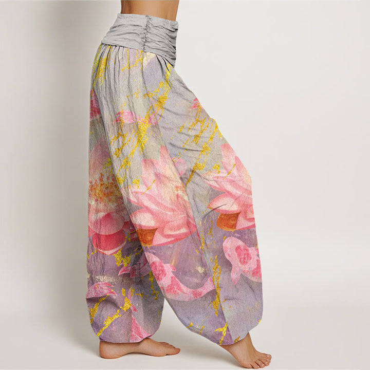 Buddha Stones Cotton Casual Lotus Flower Koi Fish Pattern Women's Harem Pants - image 2