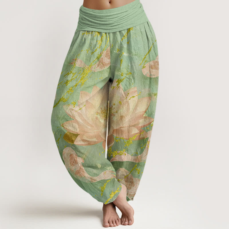 Buddha Stones Cotton Casual Lotus Flower Koi Fish Pattern Women's Harem Pants - LightGreen - US22，UK/AU26，EU54 (6XL) - image 4