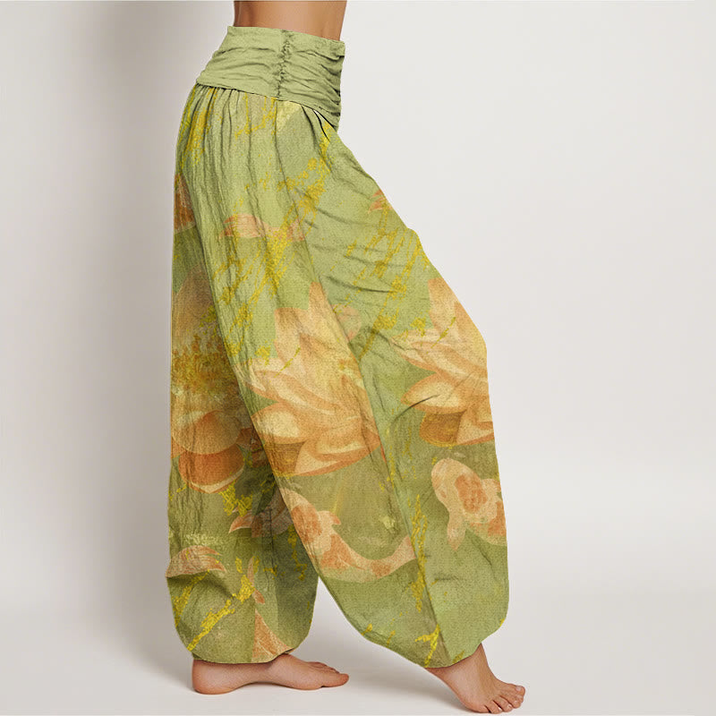 Buddha Stones Cotton Casual Lotus Flower Koi Fish Pattern Women's Harem Pants - image 9