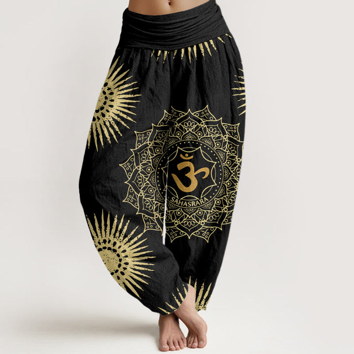 Buddha Stones Cotton Casual Mandala Om Symbol Sun Pattern Women's Harem Pants - Black - US22，UK/AU26，EU54 (6XL) - image 0