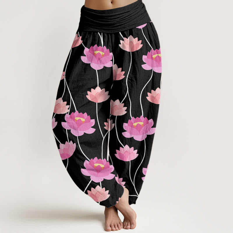 Buddha Stones Casual Lotus Flowers Pattern Women's Harem Pants - Black - US22，UK/AU26，EU54 (6XL) - image 7