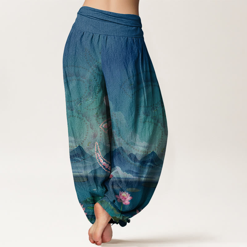 Buddha Stones Casual Lotus Flowers Om Symbol Mountains Lake Pattern Women's Harem Pants - image 1