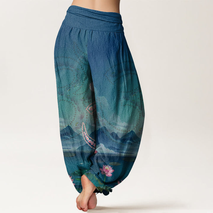 Buddha Stones Casual Lotus Flowers Om Symbol Mountains Lake Pattern Women's Harem Pants - image 1