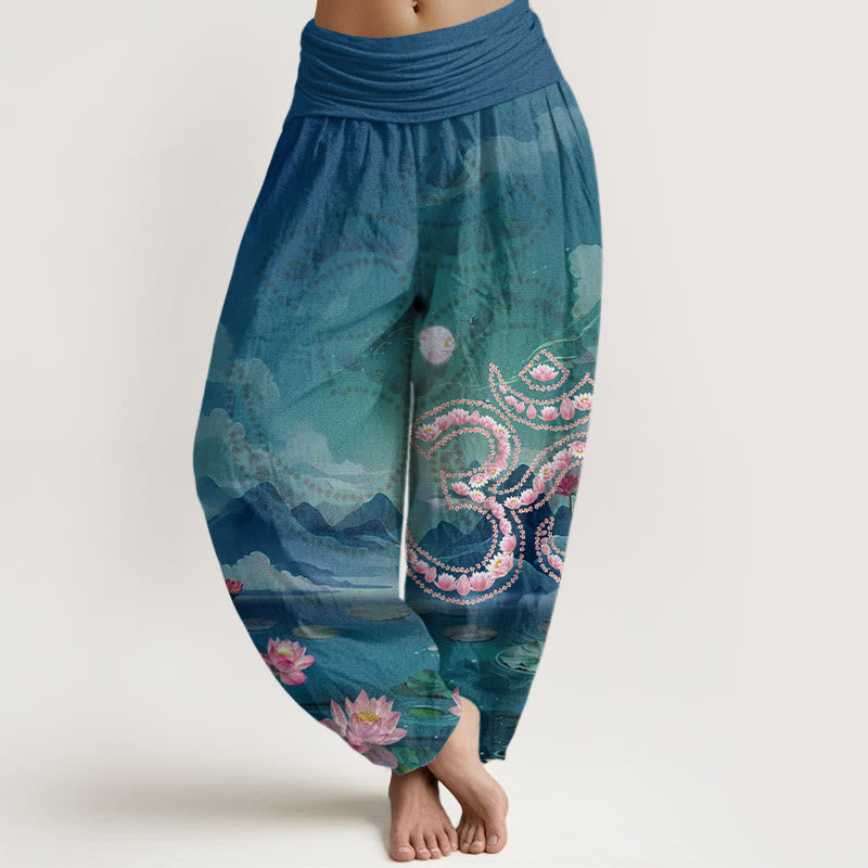 Buddha Stones Cotton Casual Lotus Flowers Om Symbol Mountains Lake Pattern Women's Harem Pants - Teal - US22，UK/AU26，EU54 (6XL) - image 0