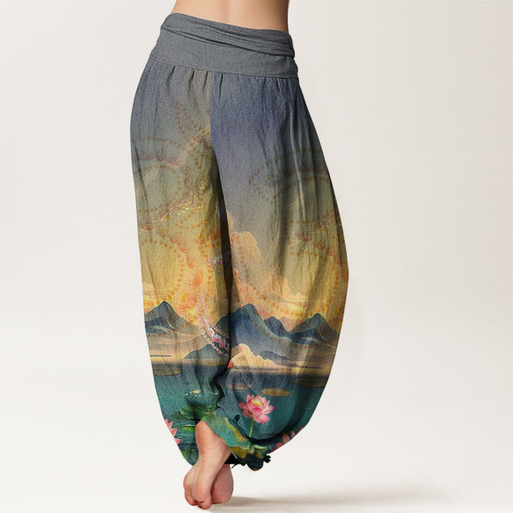 Buddha Stones Casual Lotus Flowers Om Symbol Mountains Lake Pattern Women's Harem Pants - image 5