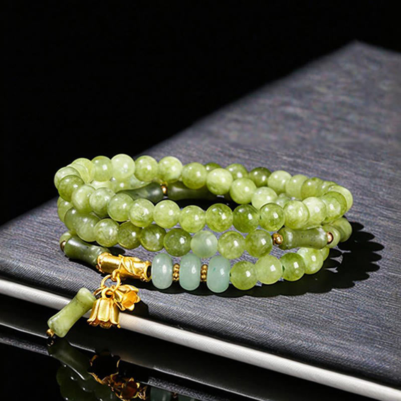 Buddha Stones Retro Multilayer Lily of the Valley Bamboo Green Chalcedony Strength Bracelet - image 1