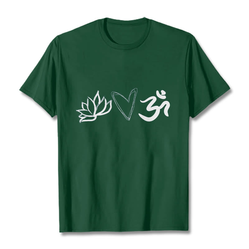 Buddha Stones Casual Lotus Heart Pattern Om Symbol Sanskrit Cotton Tee T-shirt - ForestGreen - 2XL - image 0