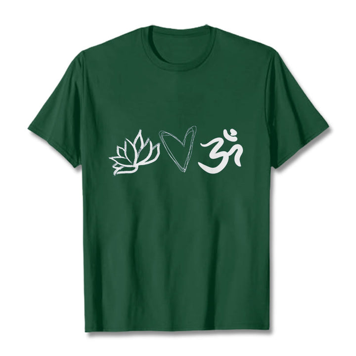 Buddha Stones Casual Lotus Heart Pattern Om Symbol Sanskrit Cotton Tee T-shirt - ForestGreen - 2XL - image 0