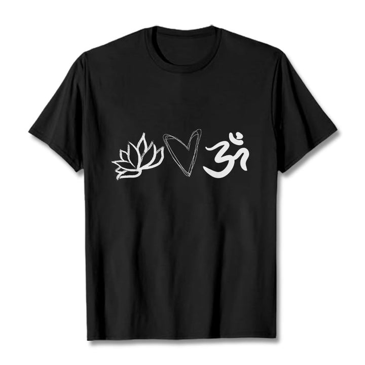 Buddha Stones Casual Lotus Heart Pattern Om Symbol Sanskrit Cotton Tee T-shirt - Black - 2XL - image 3