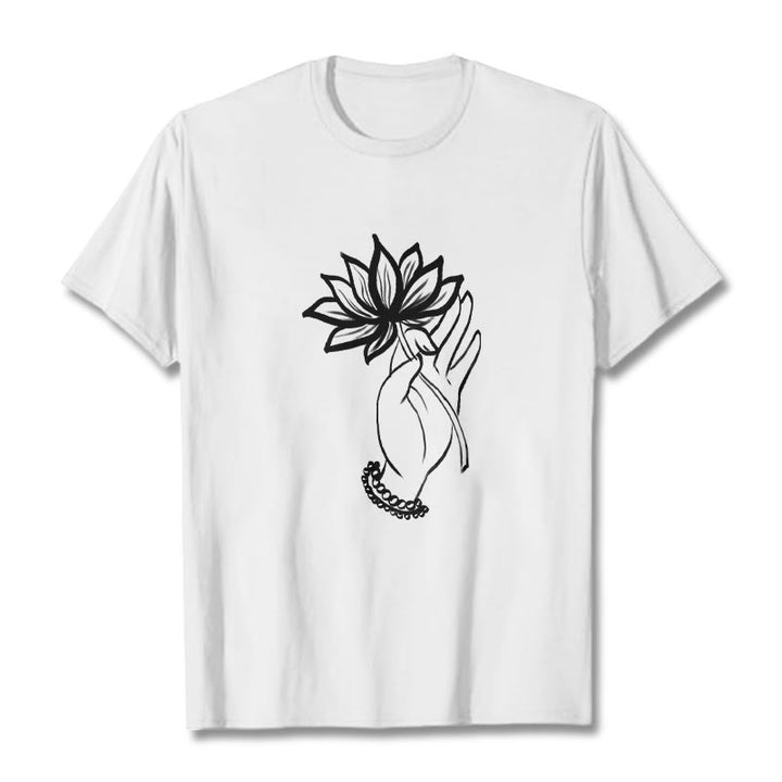 Buddha Stones Casual Hand Holding Lotus Flower Pattern Cotton Tee T-shirt - White - 2XL - image 5