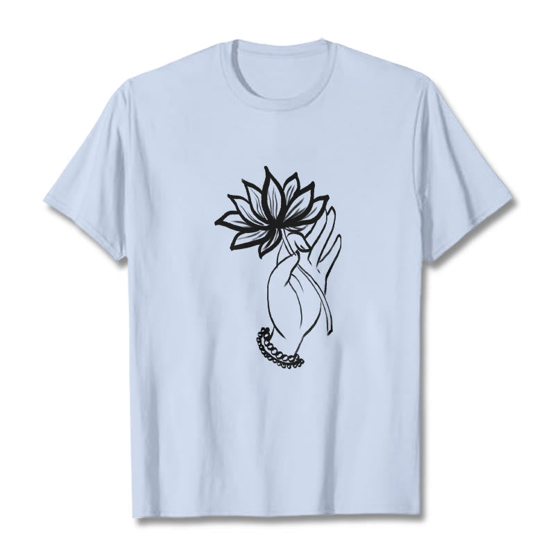 Buddha Stones Casual Hand Holding Lotus Flower Pattern Cotton Tee T-shirt - LightCyan - 2XL - image 18