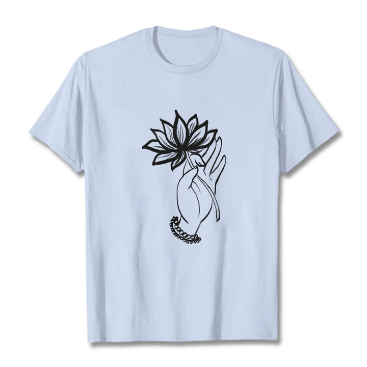 Buddha Stones Casual Hand Holding Lotus Flower Pattern Cotton Tee T-shirt - LightCyan - 2XL - image 18