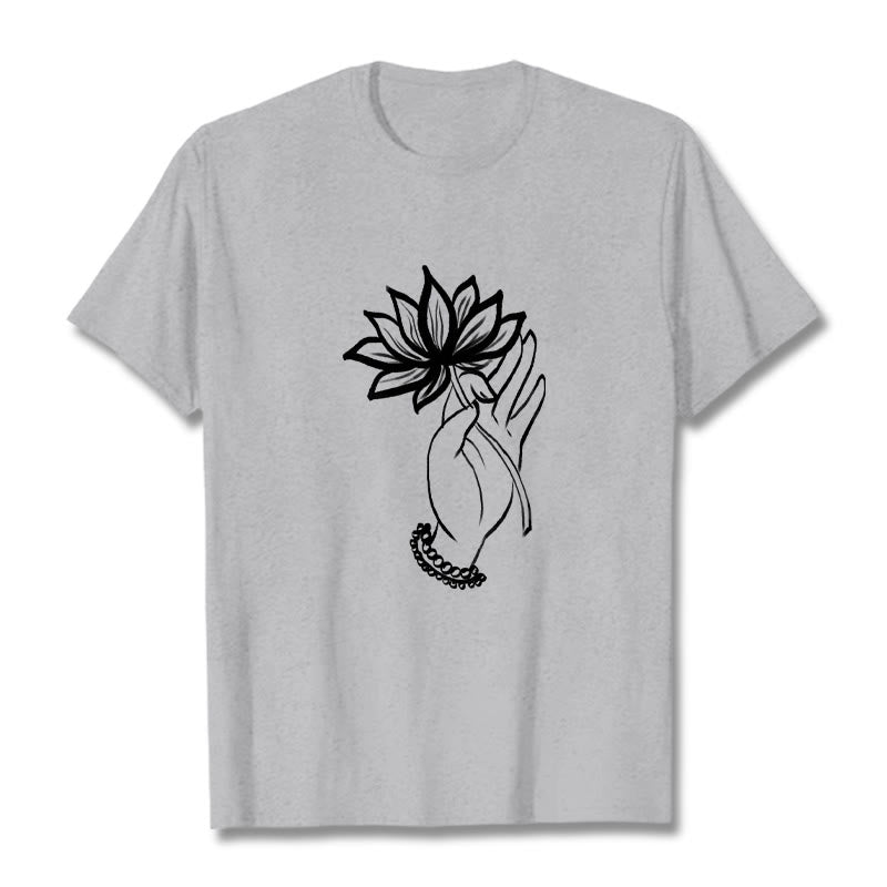 Buddha Stones Casual Hand Holding Lotus Flower Pattern Cotton Tee T-shirt - LightGrey - 2XL - image 19