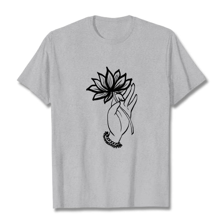 Buddha Stones Casual Hand Holding Lotus Flower Pattern Cotton Tee T-shirt - LightGrey - 2XL - image 19
