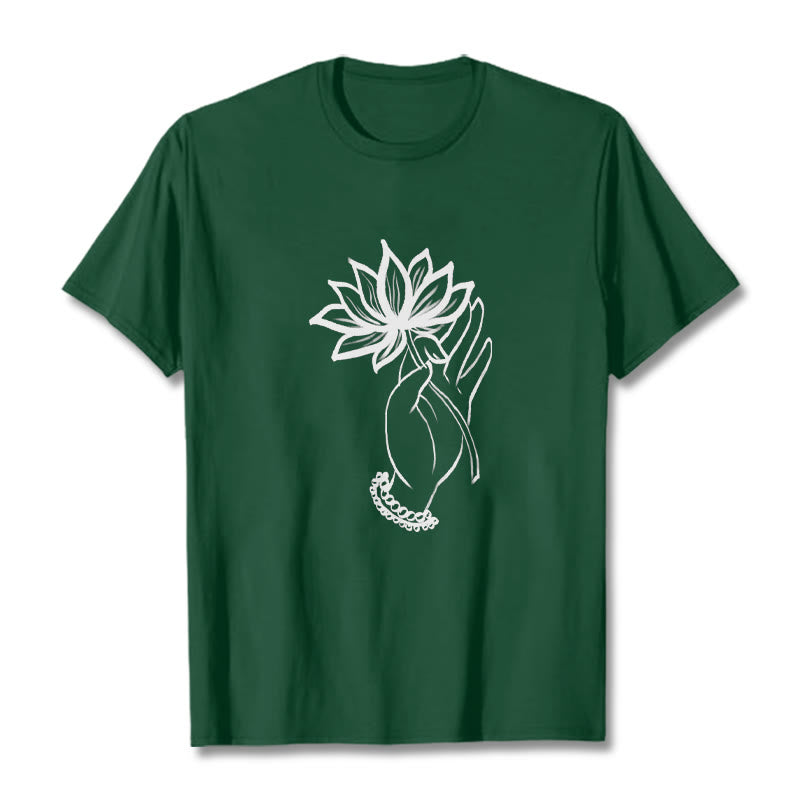 Buddha Stones Casual Hand Holding Lotus Flower Pattern Cotton Tee T-shirt - ForestGreen - 2XL - image 10