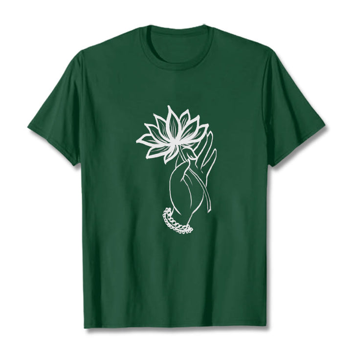 Buddha Stones Casual Hand Holding Lotus Flower Pattern Cotton Tee T-shirt - ForestGreen - 2XL - image 10