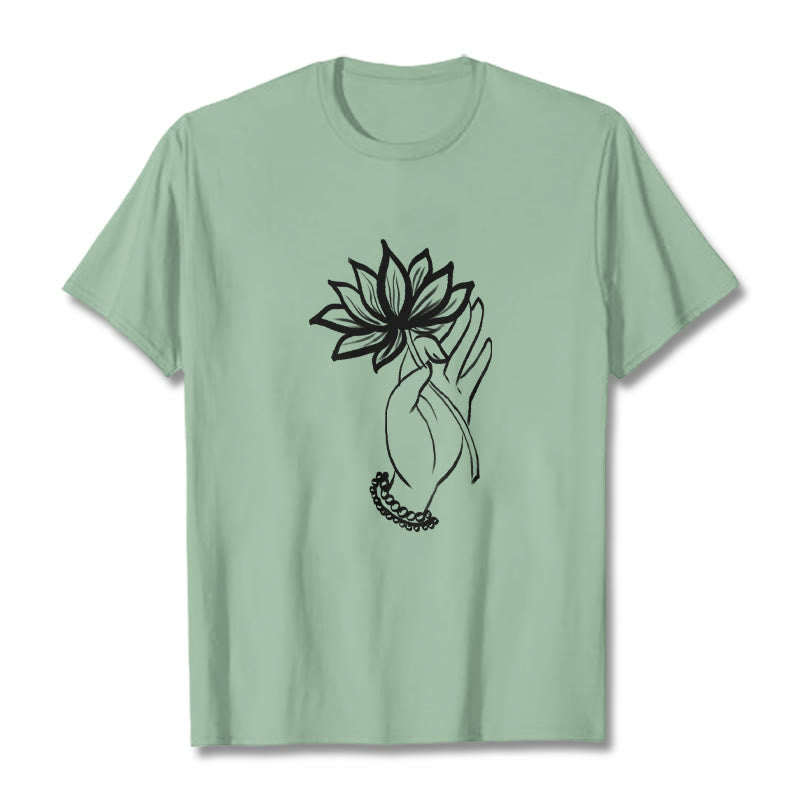 Buddha Stones Casual Hand Holding Lotus Flower Pattern Cotton Tee T-shirt - PaleGreen - 2XL - image 14