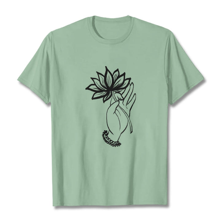 Buddha Stones Casual Hand Holding Lotus Flower Pattern Cotton Tee T-shirt - PaleGreen - 2XL - image 14