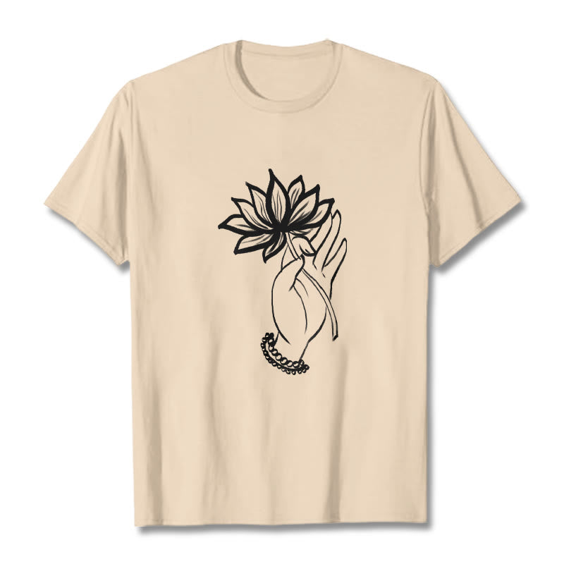 Buddha Stones Casual Hand Holding Lotus Flower Pattern Cotton Tee T-shirt - Bisque - 2XL - image 8