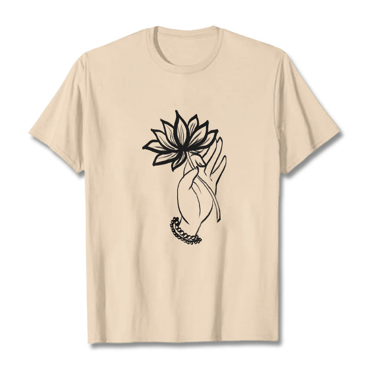 Buddha Stones Casual Hand Holding Lotus Flower Pattern Cotton Tee T-shirt - Bisque - 2XL - image 8