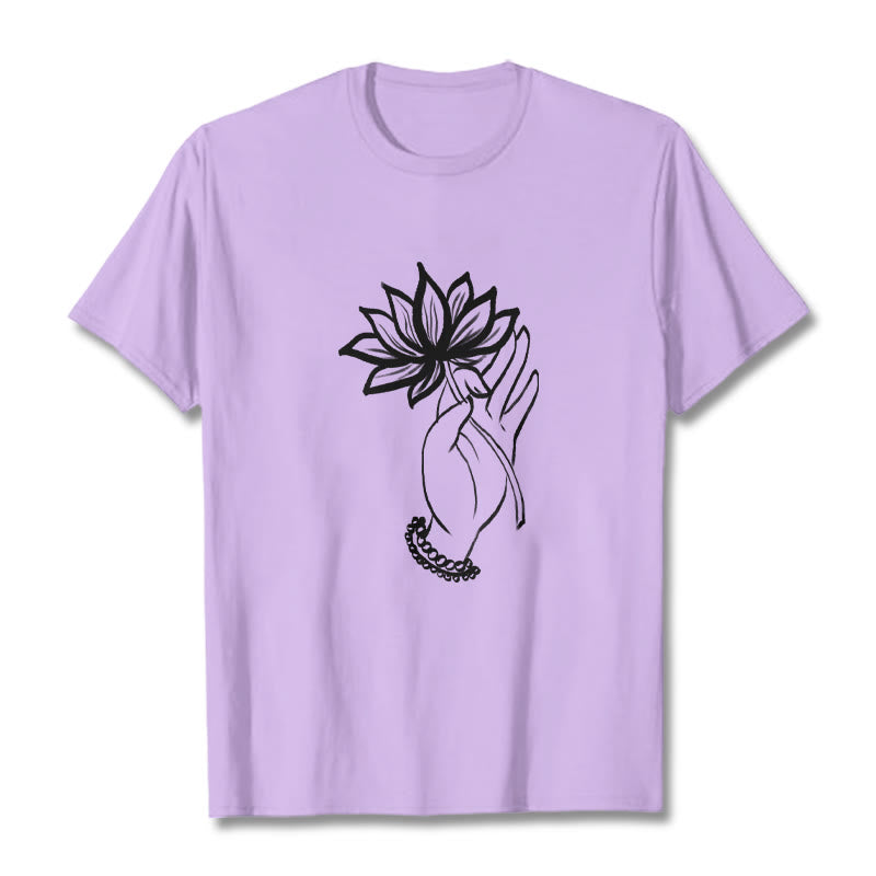 Buddha Stones Casual Hand Holding Lotus Flower Pattern Cotton Tee T-shirt - Plum - 2XL - image 16