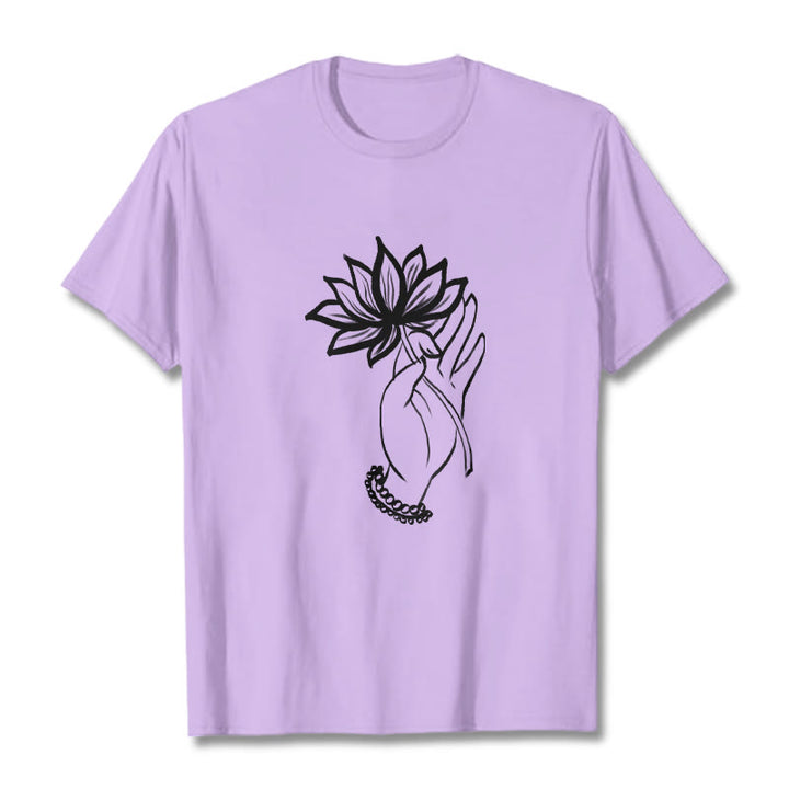 Buddha Stones Casual Hand Holding Lotus Flower Pattern Cotton Tee T-shirt - Plum - 2XL - image 16