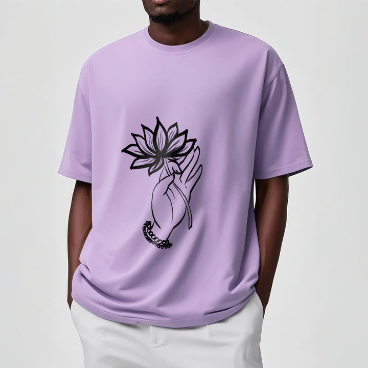 Buddha Stones Casual Hand Holding Lotus Flower Pattern Cotton Tee T-shirt - image 17