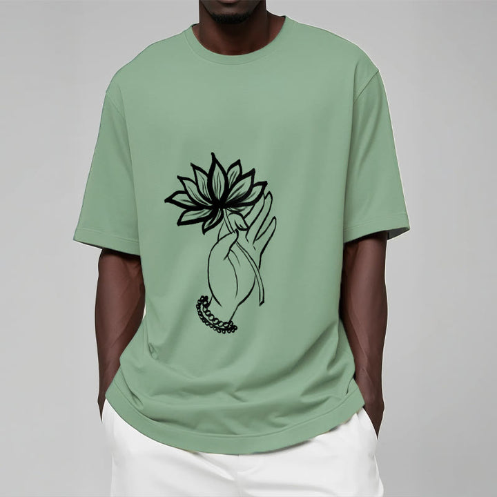 Buddha Stones Casual Hand Holding Lotus Flower Pattern Cotton Tee T-shirt - image 15